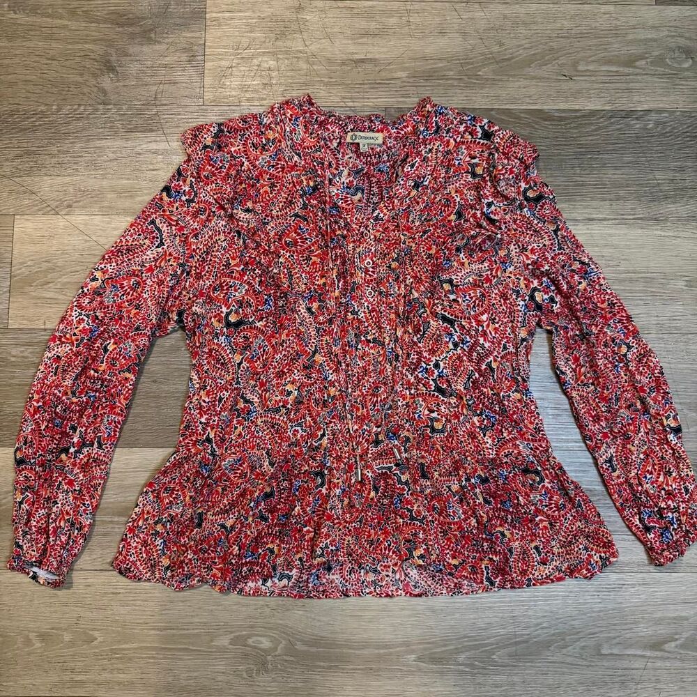 Democracy Red Paisley Floral Peplum Blouse Long Sleeve Tie Neck [M]